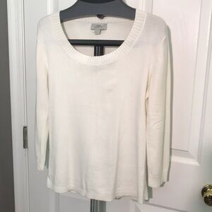Loft L Off White Scoop-Neck 3/4 Sleeve Pima Cotton Sweaters